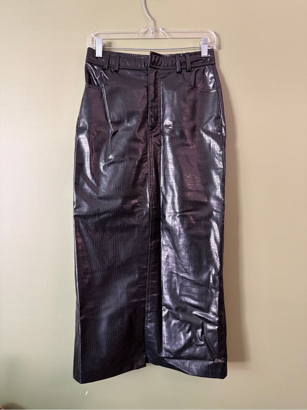 Zara Black Crocodile Faux Leather Midi Skirt Front Slit Sz M - Picture 3 of 9